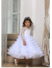 Beaded White Lace Tulle Ruffled Flower Girl Dress